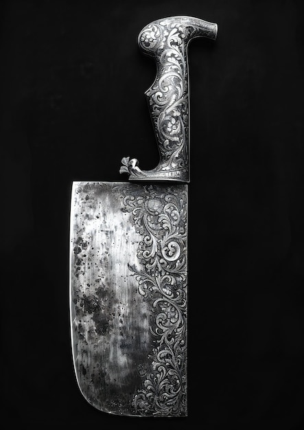 Photo vintage engraved cleaver with ornate designs isolated on black background