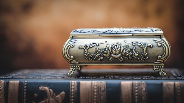 Vintage Engraved Metal Treasure Chest