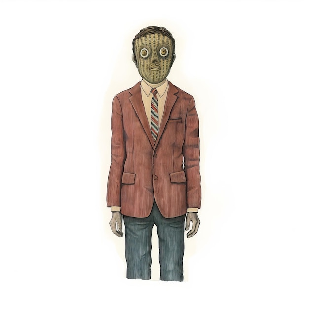 vintage engraving of a surreal americana figure in a suit mask