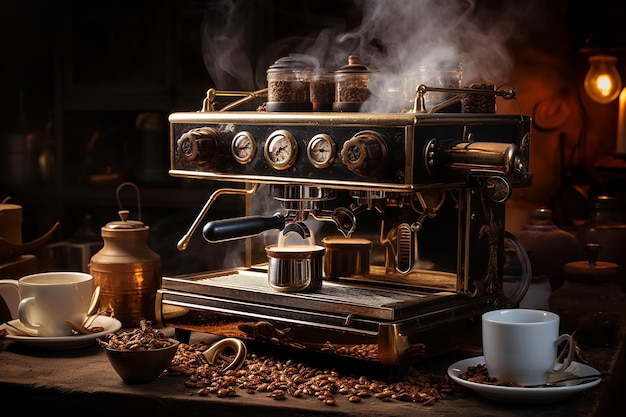 Vintage espresso machine steaming amidst coffee beans