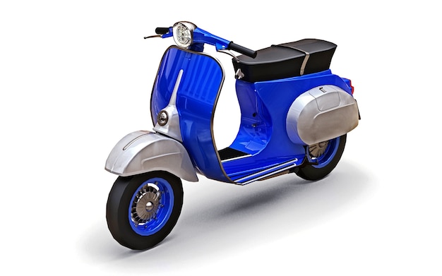 Vintage european blue scooter on a white background. 3d rendering.