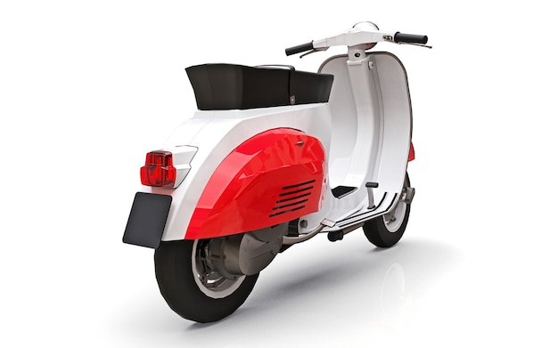 Vintage european red and white moped on a white surface