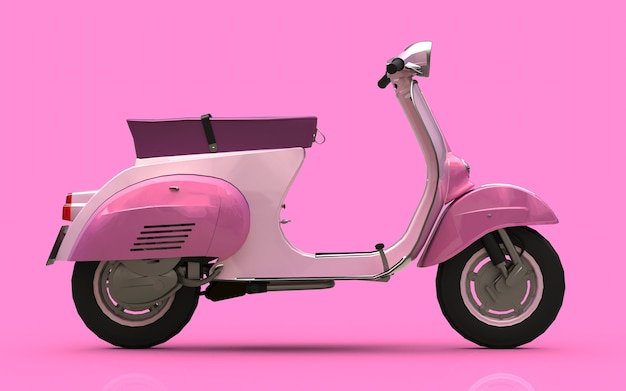 Vintage Europese roze scooter op een roze achtergrond. 3D-rendering.