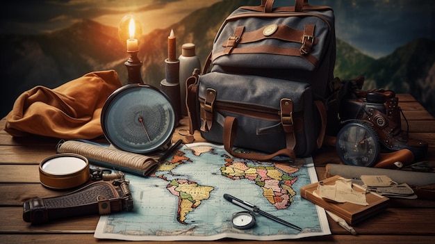 Foto vintage explorer gear con mappa e bussola