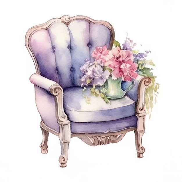 Vintage fauteuil met kussens en bloemen Aquarel illustratie