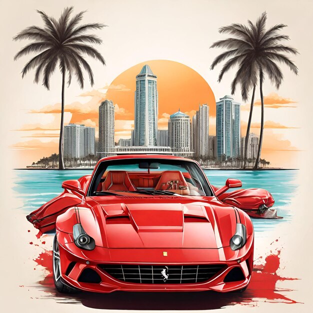 Photo vintage ferrari miami landmarks tee with vibrant shades