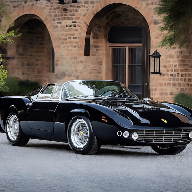 A vintage Ferrari with a glossy black paint