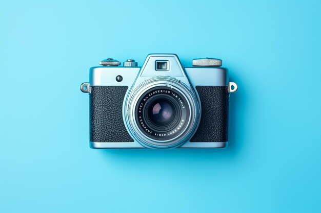 Vintage film camera on blue background top view with copy space