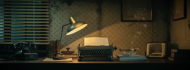 Vintage film noir office desk with old typewriter