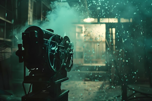 Photo vintage film projector in dimly lit room creating dusty ambiance concept vintage props film projector dim lighting dusty atmosphere ambiance