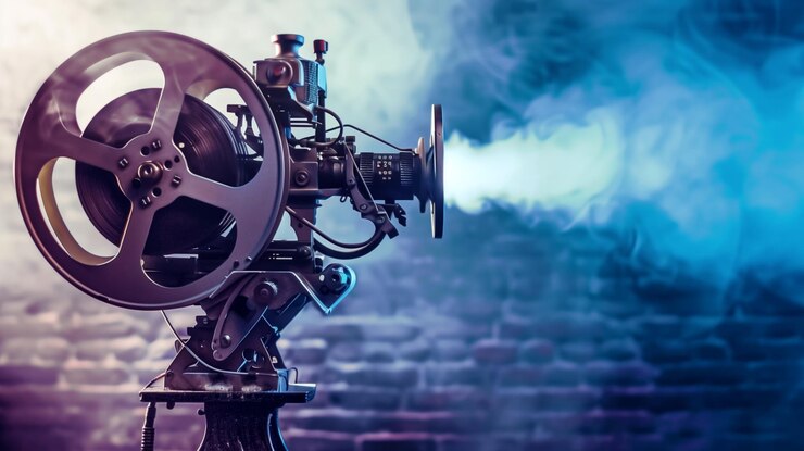 Photo vintage film projector on a stand with reels and smoke against a brick wall backdrop