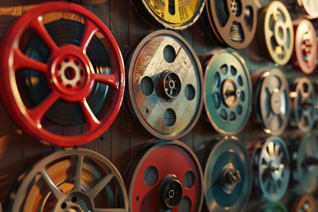 Vintage film reel collection displayed as wall art