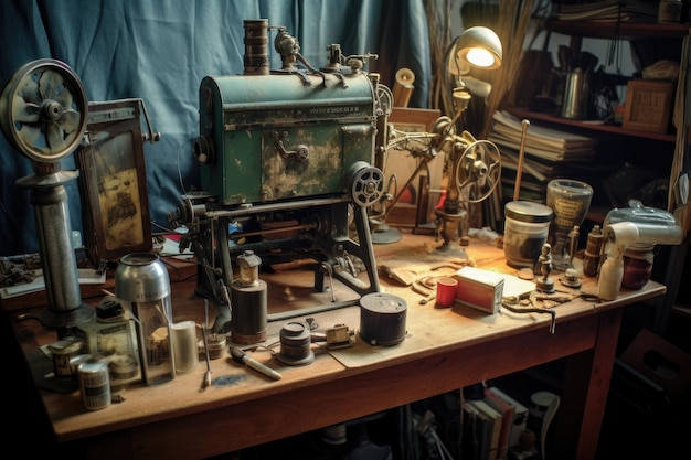 Vintage filmontwikkelingsapparatuur op tafel gemaakt met generatieve ai