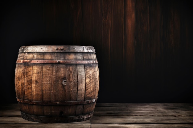 製品表示モンタージュに最適な黒い背景にオークのワイン樽のビンテージ フィルター画像