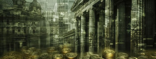 Photo vintage financial district conceptual artwork with coins