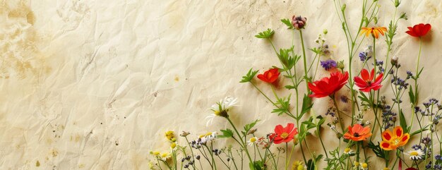 Vintage floral arrangement featuring a mix of wildflowers textured paper background