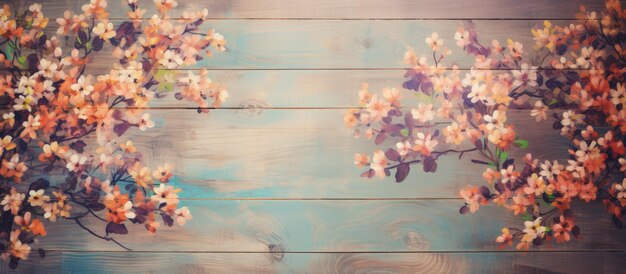 Vintage floral artwork on a wooden floor with tree backdrop