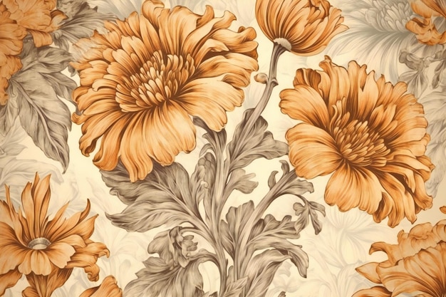 Vintage floral background with chrysanthemum flowers Handdrawn illustration