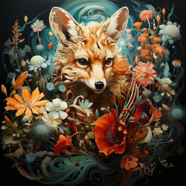 Vintage floral background with foxes and flowers Digital painting