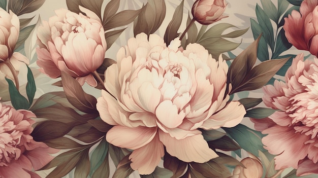 Vintage floral background with peony flowers Hand drawn illustration generative ai