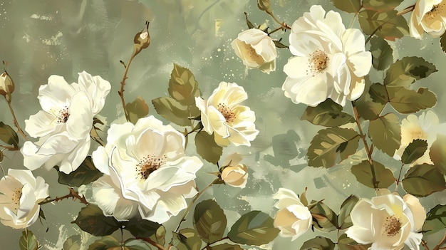 白いバラとユーカリの枝のヴィンテージの花の背景 ジェネレーティブAIイラスト