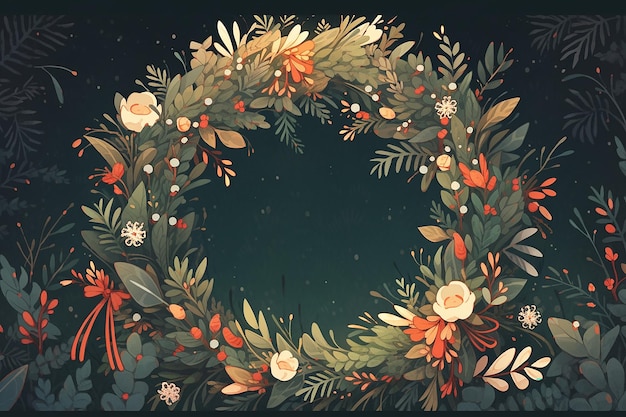 vintage floral and leaves Christmas wreath illustration