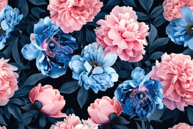 Vintage floral pattern with blue and pink peonies on black background