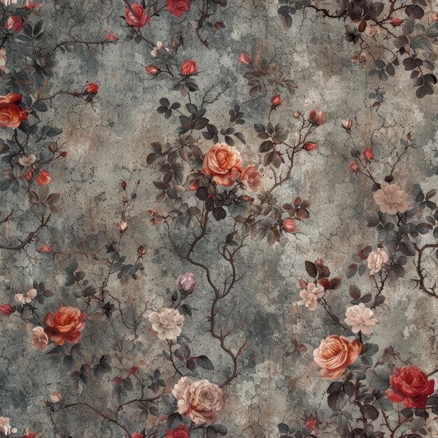 Vintage floral pattern with red and white roses on a gray background