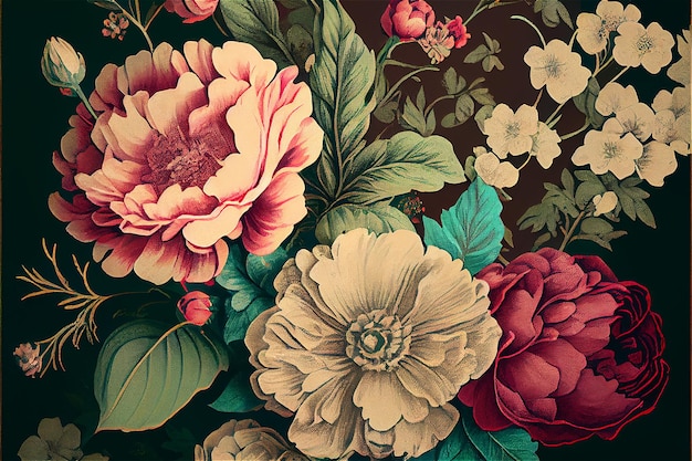 Vintage floral pattern with roses and peonies in beautiful romantic colors ideal for backgrounds