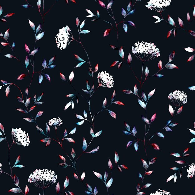 빈티지 꽃 원활한 패턴 색상 그라데이션 꽃은 어둠 속에서 식물 반복 인쇄를 남깁니다.