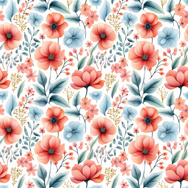 Vintage floral seamless pattern watercolor abstract flowers and leaves in blue red tones