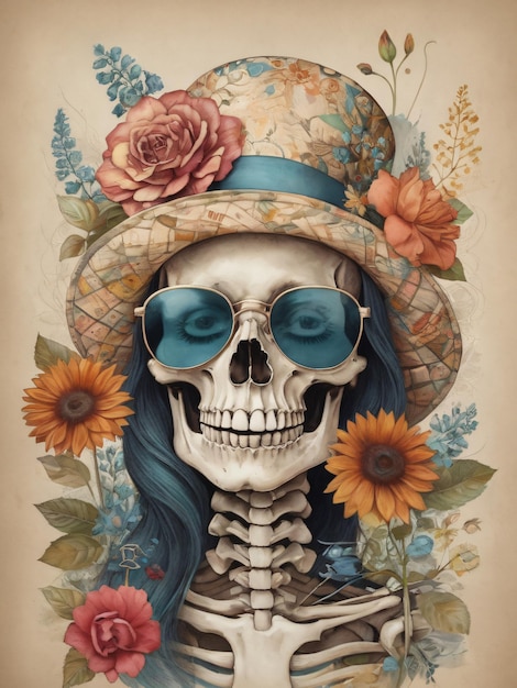 Vintage Floral Skull With Hat And Sunglasses