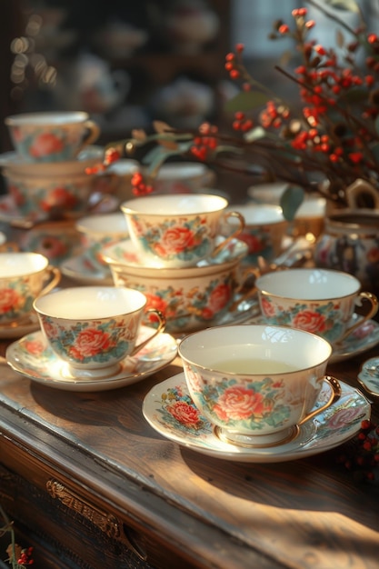 Photo vintage floral tea set on wooden table with natural lighting