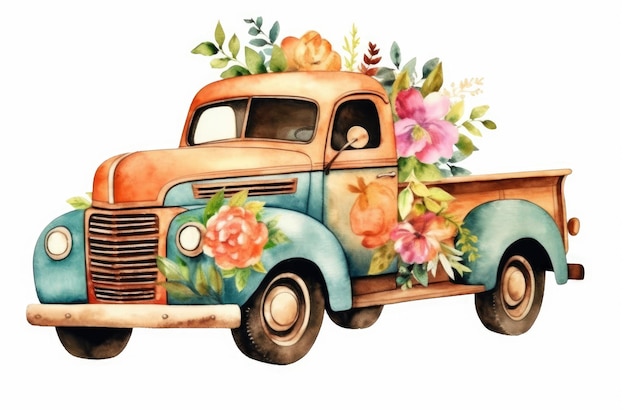 Фото Винтажный цветочный грузовик в акварельном клипарте на белом фоне