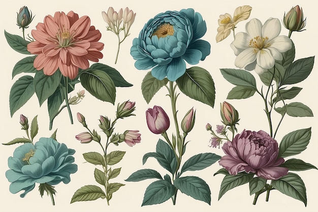 Фото Винтажный цветочный иллюстрационный набор