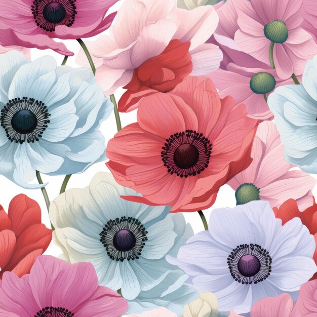 Vintage Flower Poppies Seamless Pattern In Multiple Colors