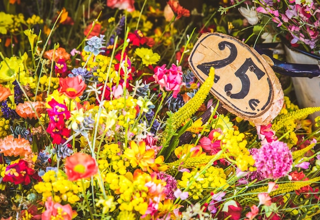 Vintage flowers market on public street retro cottagecore style