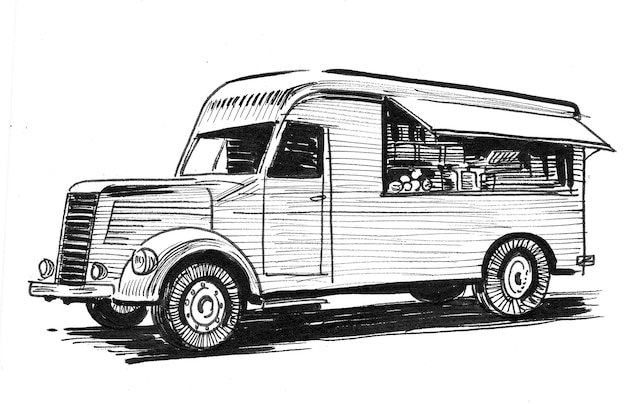 Vintage foodtruck. Inkt zwart-wit tekening