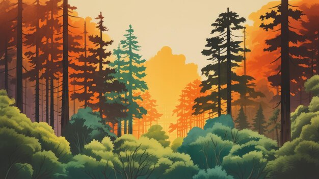 Vintage Forest Sunset Illustration Bold Green Amber Poster Design