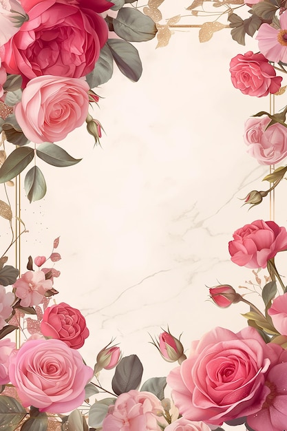 Фото Винтажная рамка с розовыми цветами и золотой рамкой
