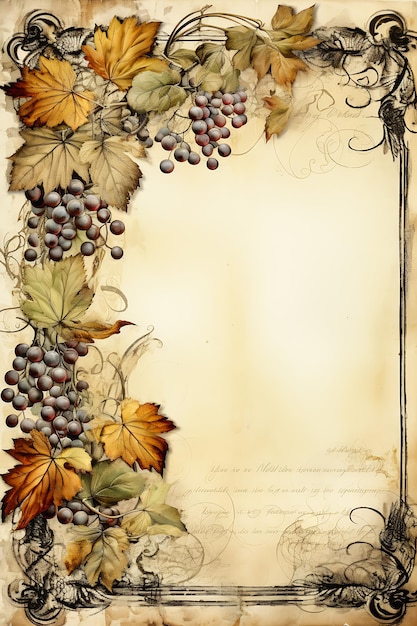 Foto cornice d'epoca uva foglie sfondo scrittura diario cornucopia che porta vino grande verticale