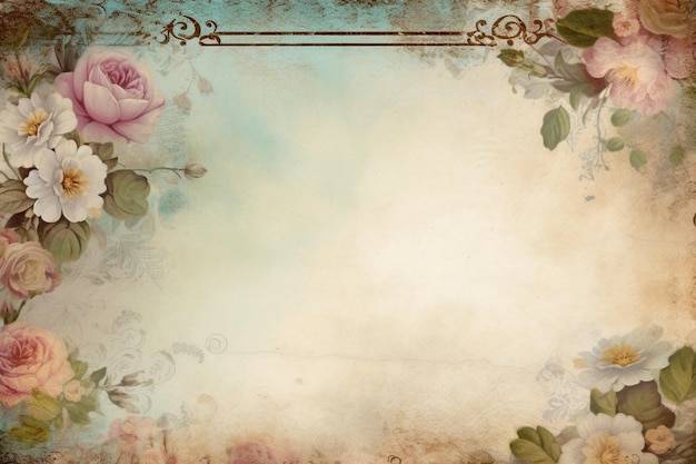 A vintage frame with flowers and a blue background