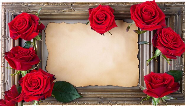 A vintage frame with red roses on it