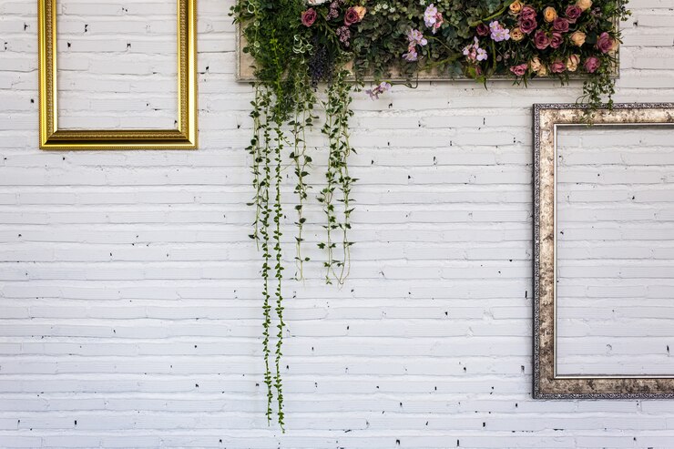 Vintage frames on white brick wall. background.