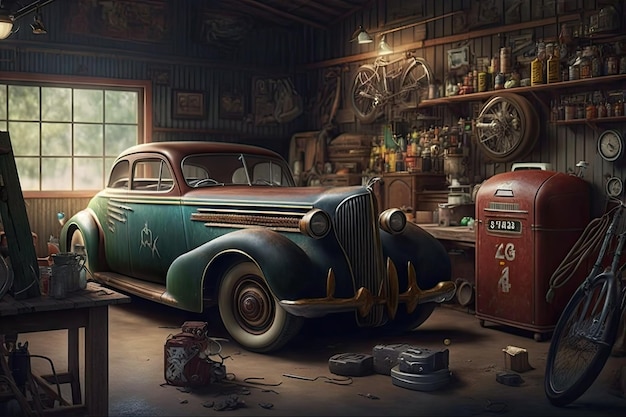 Foto un garage vintage pieno di auto d'epoca, vecchi attrezzi e altri cimeli