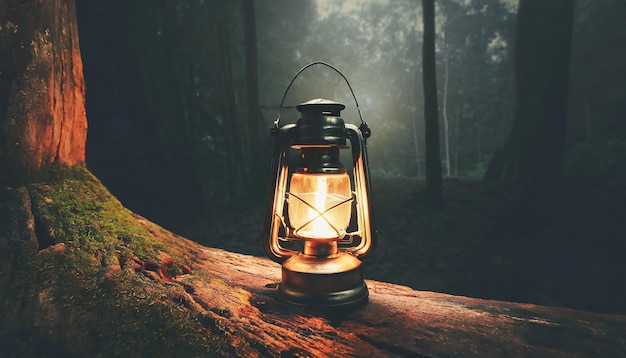 사진 빈티지 가솔린 오일 랜턴 램프가 어두운 숲의 나무에서 부드러운 반이는 빛으로 불타고 있습니다.