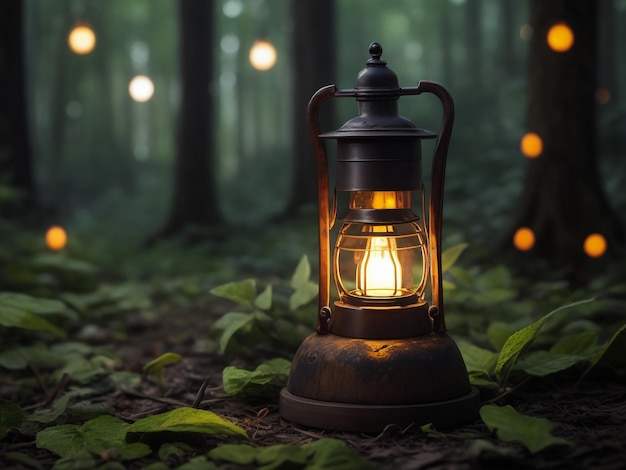 빈티지 가솔린 오일 랜턴 램프는 어두운 숲의 나무에서 부드러운 반이는 빛으로 불타는 어의 빛 여행 야외 개념 이미지