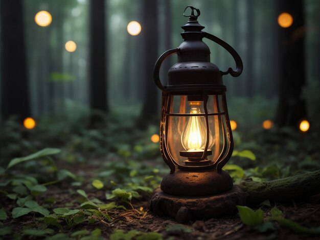 Photo vintage gasoline oil lantern lamp burning with a soft glow light in an dark forest wood light in the darkness travel outdoor concept image