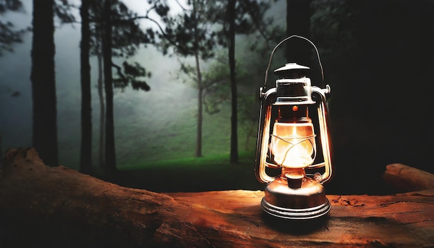 Foto lampada di lanterna a olio di benzina d'epoca che brucia con una luce di bagliore morbido in un bosco scuro