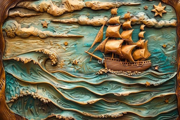 Vintage gebeeldhouwde houten zeilschip op oceaangolven met wolken en sterren in rustieke kunststijl voor